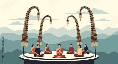 Group meditation in serene mountain landscape with traditional Balinese umbrellas