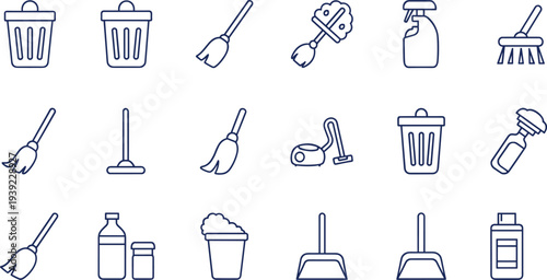 Housekeeping and cleaning tools icons collection with hygiene sanitation equipment blue outline symbols