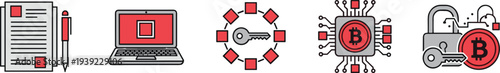 Blockchain technology cryptocurrency digital finance and data security icons set with bitcoin symbol
