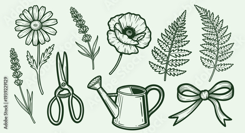 Vintage botanical illustration of garden tools flowers and foliage in a charming hand drawn style