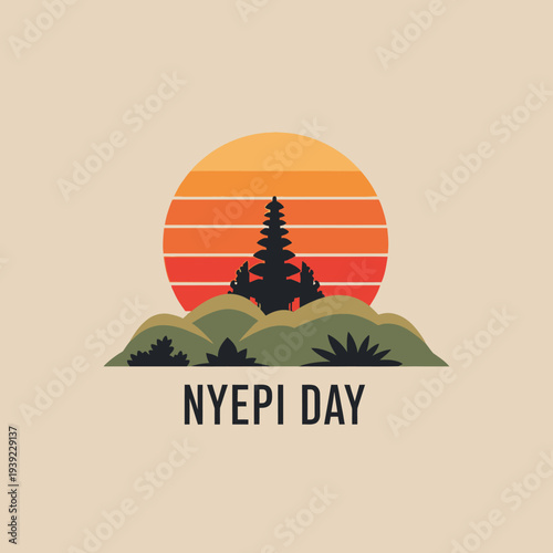 Balinese Temple Silhouette at Sunset with Nyepi Day Text