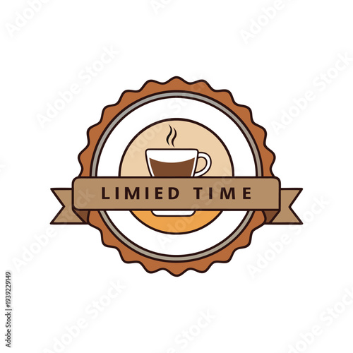 Limited time offer coffee badge, hot cup, sale banner, International Coffee Day