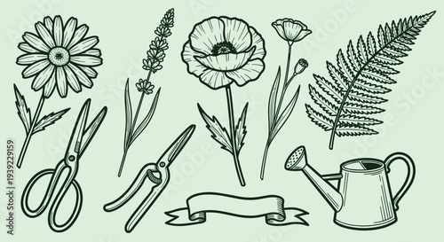 Charming Hand Drawn Garden Elements Featuring Flowers Scissors Watering Can and Fern Leaf Illustration