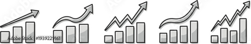 Hand drawn business growth bar chart with upward trending arrow icons on grid background