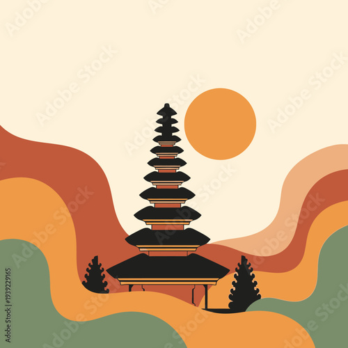 Balinese Temple Pagoda Silhouette at Sunset with Wavy Landscape