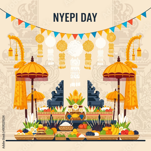 Nyepi Day Bali Indonesia Celebration: Offerings, Umbrellas, Decorations, and Flags