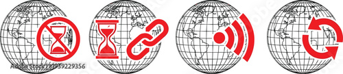 Red icons on global map background symbolizing time and connection concepts.