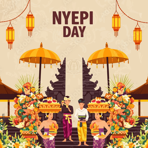 Nyepi Day Bali Indonesia Traditional Ceremony Gate Umbrellas Offerings