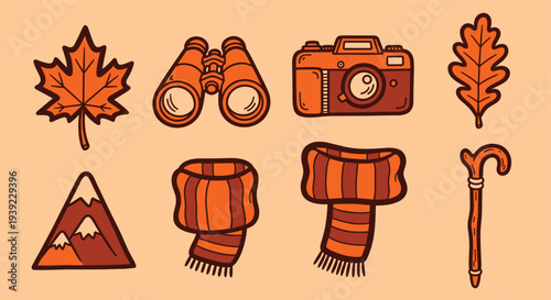 Autumn outdoor adventure gear and symbols collection in warm orange and brown tones