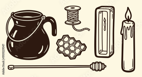 Vintage illustration of candle making tools and supplies including a pot of wax a spool of wick a honeycomb mold and a finished candle