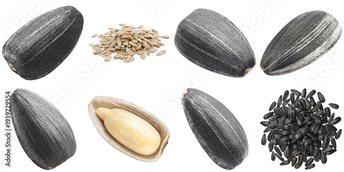 Foto Detailed collection of sunflower seeds, both in shell and shelled, with a pile of healthy kernels