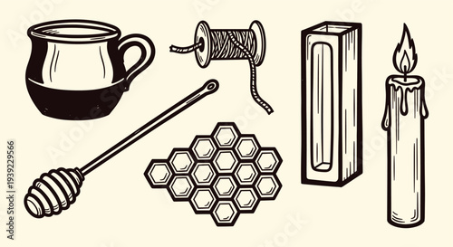 Hand drawn illustration of beekeeping elements including a honey dipper, honeycomb, jar, spool of thread, and candle on a cream background