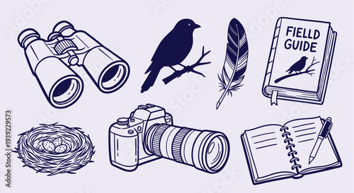 Birdwatching Hobby Collection Featuring Binoculars Camera Field Guide Nest Feather and Notebook for Nature Observation