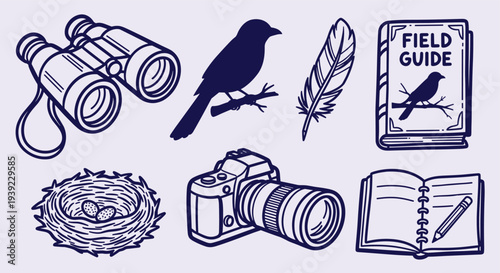 Birdwatching hobby equipment and nature elements illustration