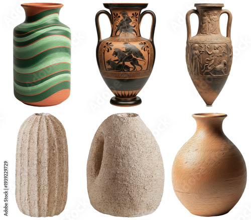 Photograph of diverse ancient and modern ceramic vases and handcrafted pottery, isolated on transparent background.