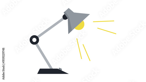 Adjustable desk lamp with a grey shade and base emitting yellow light rays on a white background for study and work.