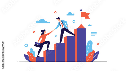 Supportive businessman helping a businesswoman climb up a rising bar chart towards a red success flag for teamwork.
