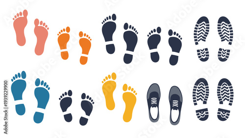 Assortment of diverse footprints and shoe soles in different colors and sizes representing a group of people moving together.