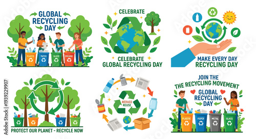 Global recycling day illustration with people earth and recycling symbols