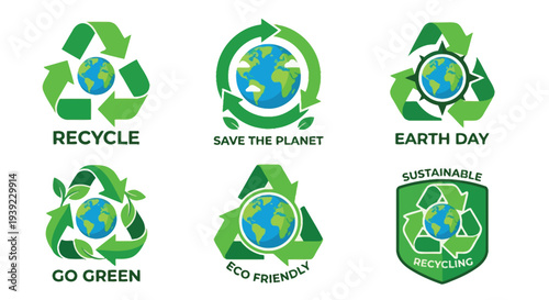 Three green recycling symbols featuring the earth with related text