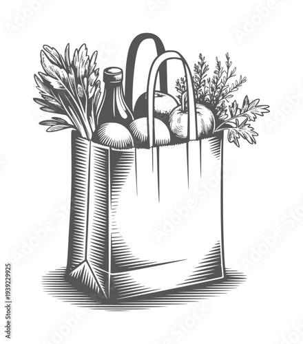 Black and white of a grocery bag filled with produce and a bottle apples