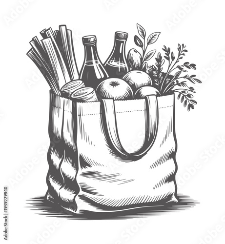 Black and white of a grocery bag filled with produce and bottles
