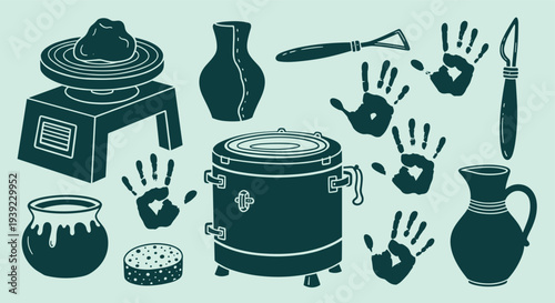 Pottery making tools and finished ceramic pieces displayed on a light blue background with handprints