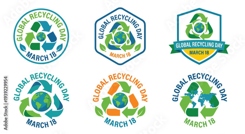 Global recycling day emblems featuring earth and recycling symbols