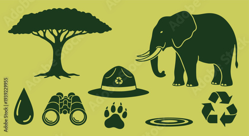 African safari adventure elements including an elephant tree binoculars and explorer hat on a yellow background