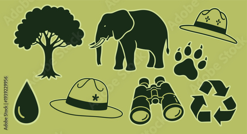 Collection of safari and nature conservation icons including an elephant tree binoculars and recycling symbol on a muted green background