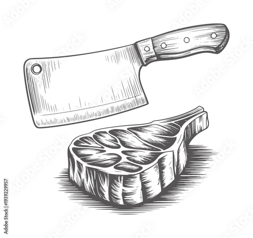 Black and white of a raw steak and cleaver meat knife butcher