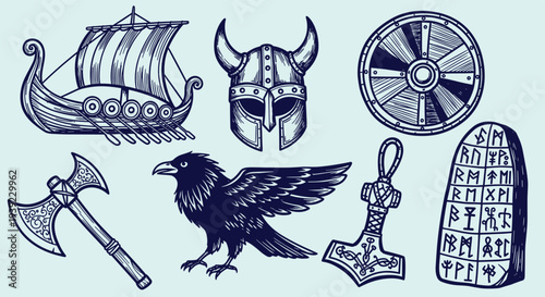 Norse Mythology Symbols Viking Ship Helmet Axe Raven Thor Hammer Rune Stone