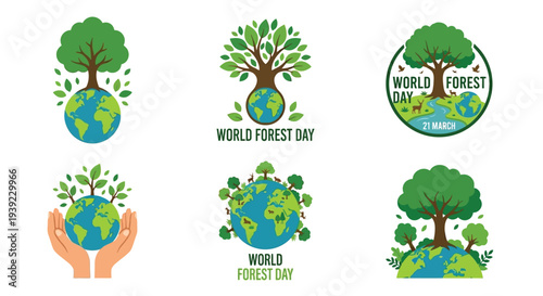 World forest day illustrations trees globes and hands symbolizing environmental care