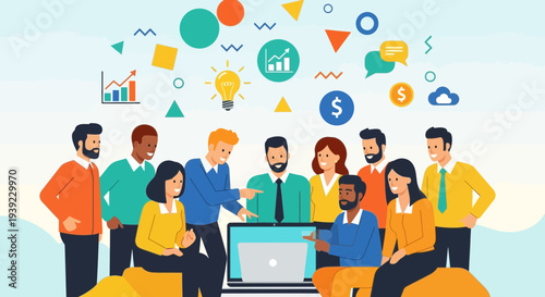 Diverse team collaborating on a project with digital icons and charts symbolizing ideas and growth