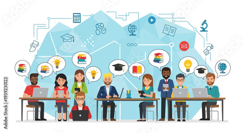 Diverse team collaborating on online learning and innovation, digital education concept