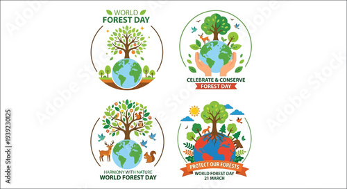 World forest day illustrations featuring trees earth and conservation messages