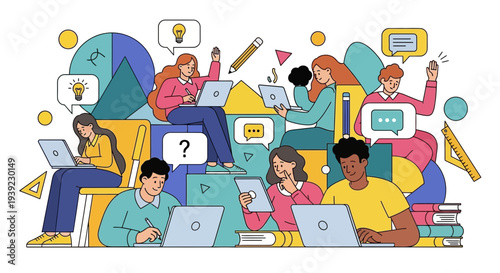 Diverse students learning online with laptops and tablets, collaboration and education concept