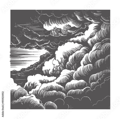 Dramatic black and white woodcut print of turbulent storm clouds