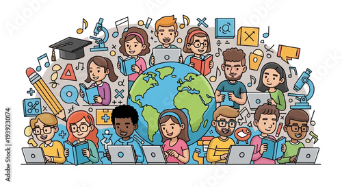 Diverse students learning online with laptops and globe, education concept