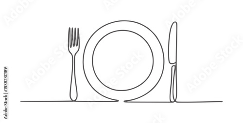 Minimalist black and white single line of a plate fork and knife 1
