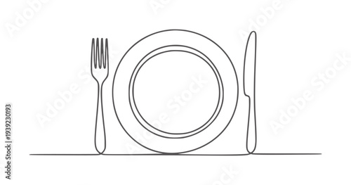 Minimalist black and white line of a plate fork and knife