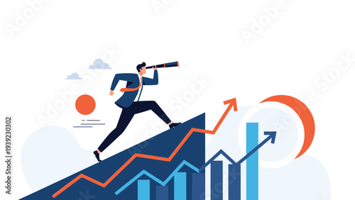 Determined businessman running up a rising bar graph while looking through a telescope towards a success flag.