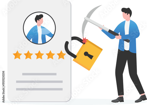 Businessman Using Pickaxe to Unlock Profile Card Lock