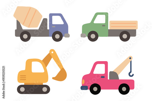 Heavy Duty Construction Vehicles, Cute Flat Vector Excavator Cement Mixer and Tow Truck
