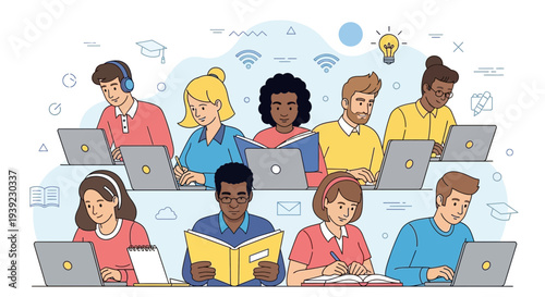 Diverse students learning online with laptops and books in a modern classroom setting