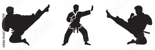 Dynamic martial arts silhouette of three figures in action poses, showcasing powerful kicks and stances.