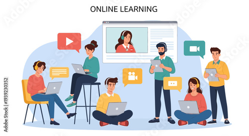 Online Learning Concept: Diverse Students Engaging in Digital Education with Laptops and Video Calls