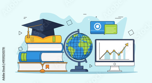 Education and Finance Growth Concept: Graduation Cap, Books, Globe, Computer Chart, Data Analysis