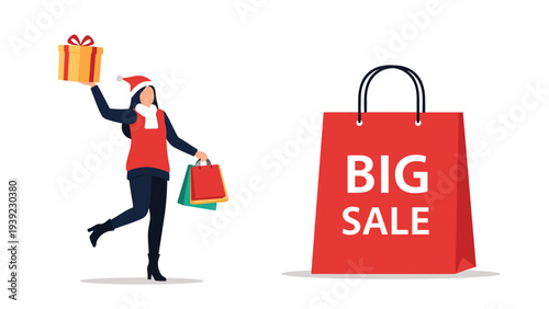 Excited woman wearing a santa hat holding gifts next to a large red shopping bag with big sale text for promotion.