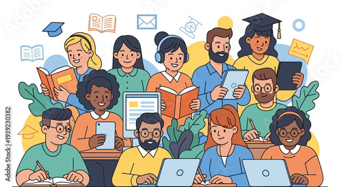 Diverse group of students learning online with laptops and tablets in a classroom setting